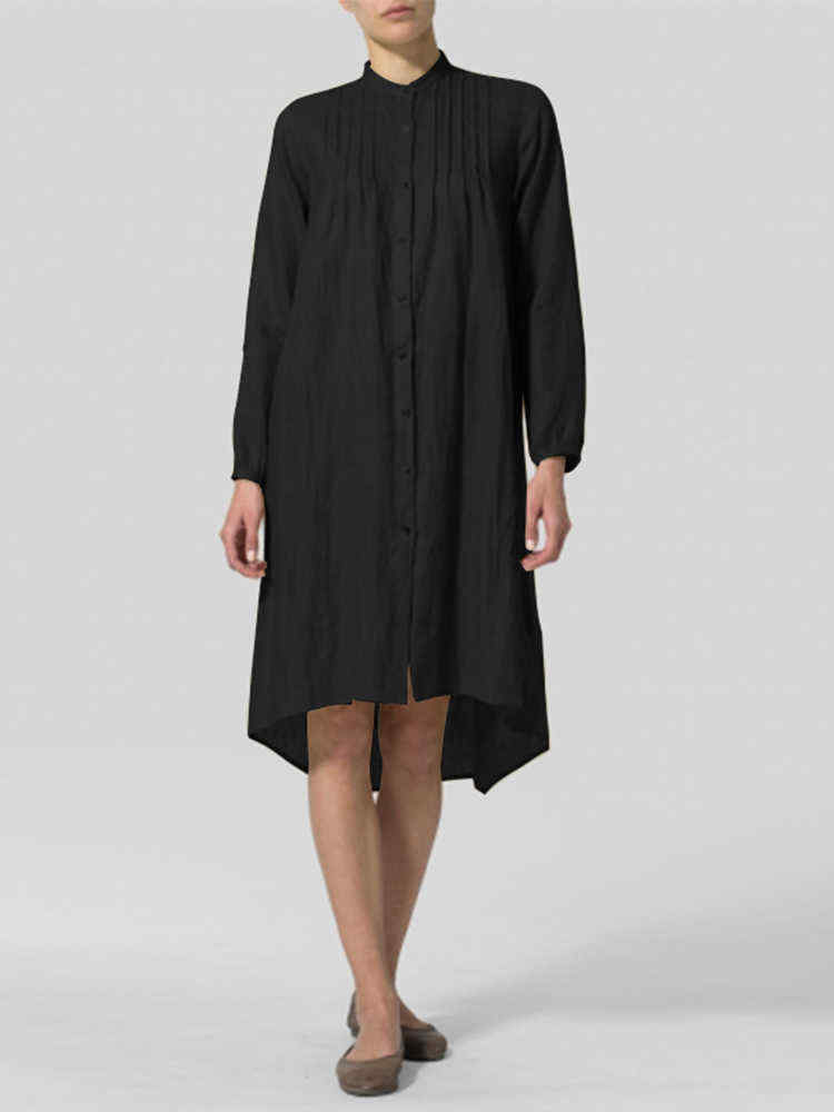 S-5XL-Elegant-Crew-Neck-Pleated-Long-Sleeve-Women-Dress-1398677