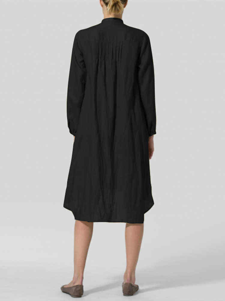 S-5XL-Elegant-Crew-Neck-Pleated-Long-Sleeve-Women-Dress-1398677