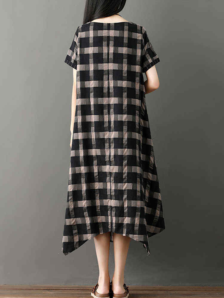 Short-Sleeve-Plaid-Stripe-Patchwork-Irregular-Hem-Dress-1431411