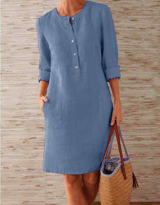 Solid-Color-Button-Crew-Neck-Long-Sleeve-Dress-With-Pockets-1544878