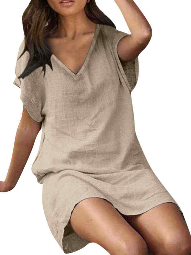 Solid-Color-V-neck-Short-Sleeve-Dress-for-Women-1529771