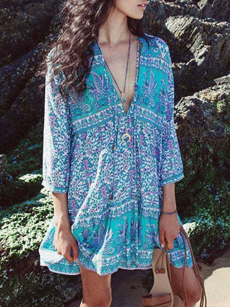 Women-Bohemian-Floral-Print-V-neck-34-Sleeve-Dress-1448659