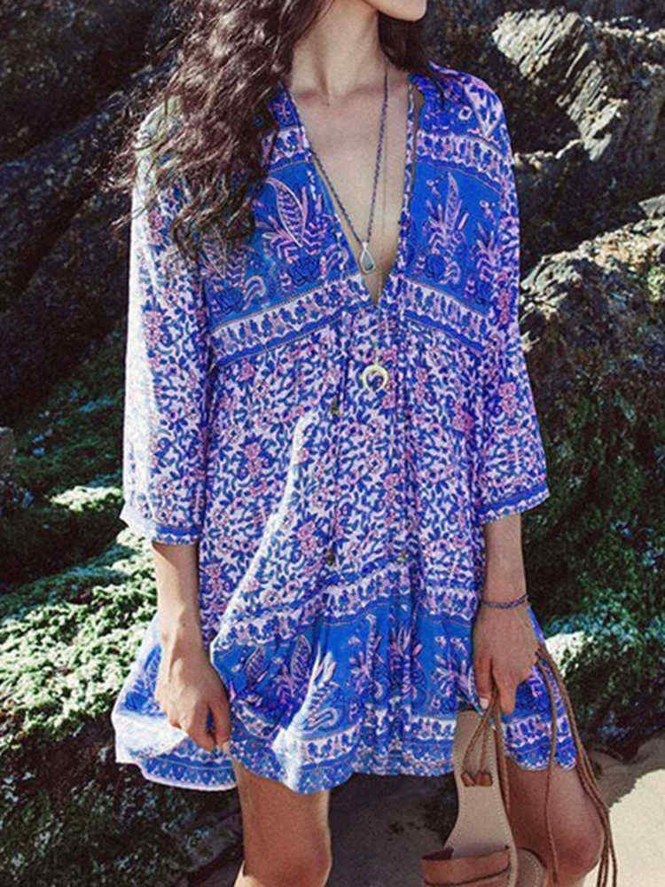 Women-Bohemian-Floral-Print-V-neck-34-Sleeve-Dress-1448659