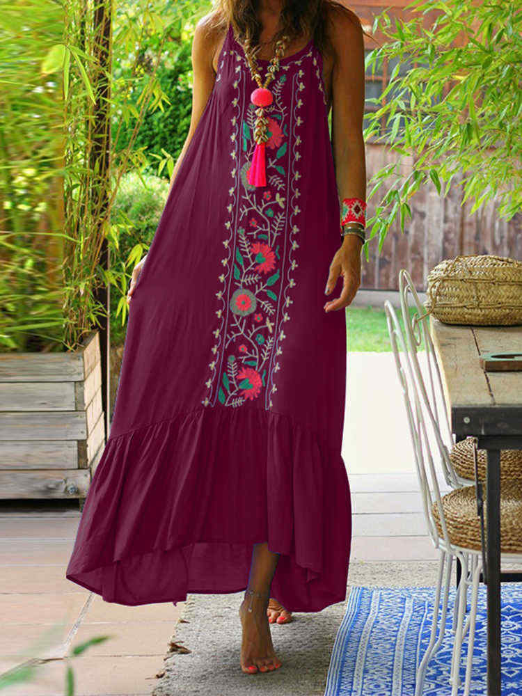 Women-Bohemian-Printed-Straps-Ruffles-Hem-Holiday-Maxi-Dress-1450620