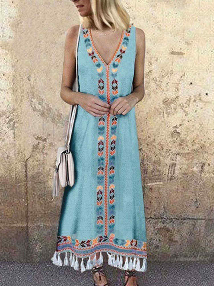 Women-Bohemian-Printed-V-neck-Sleeveless-Tassels-Dress-1442764