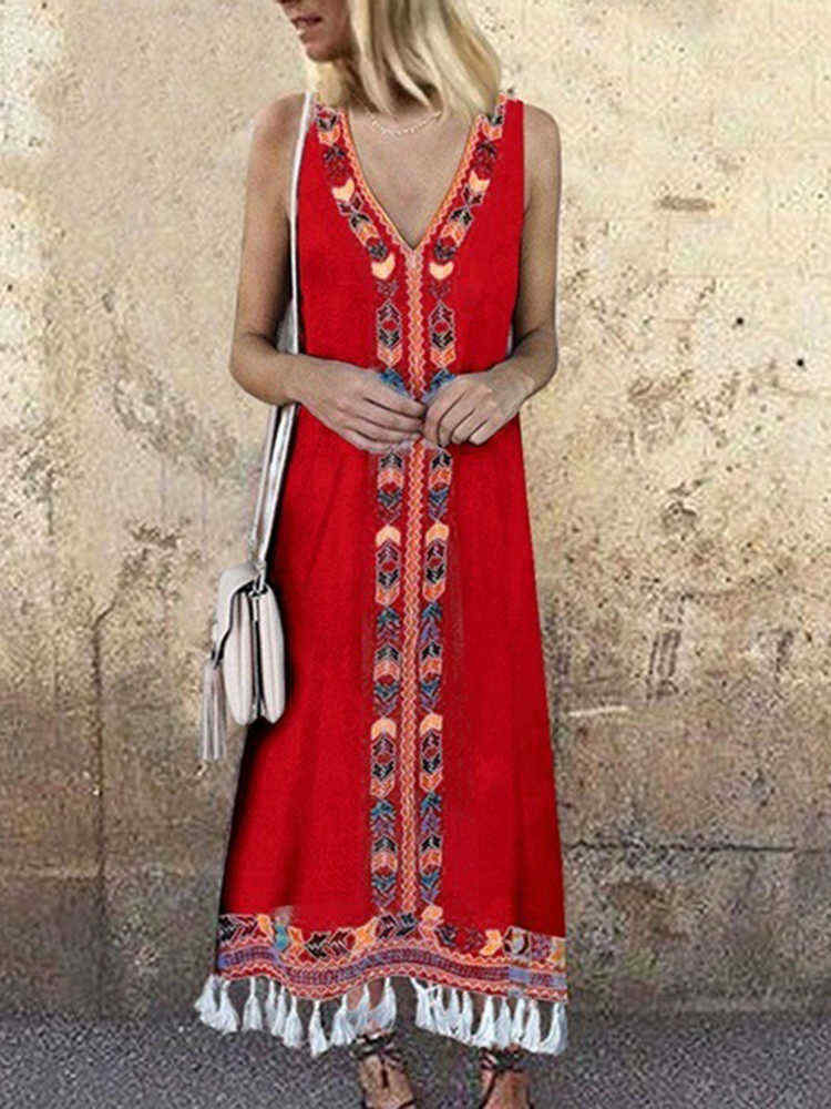 Women-Bohemian-Printed-V-neck-Sleeveless-Tassels-Dress-1442764