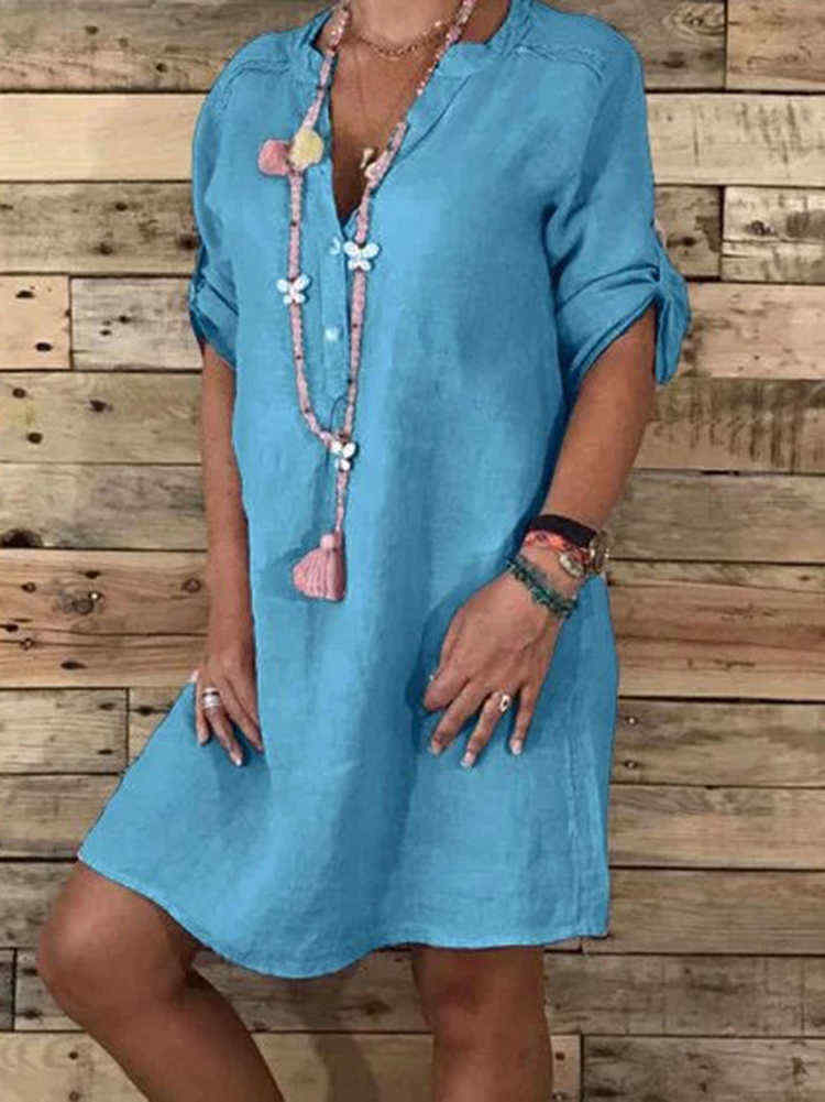 Women-Casual-Adjustable-Sleeve-V-neck-Loose-Dress-1472249