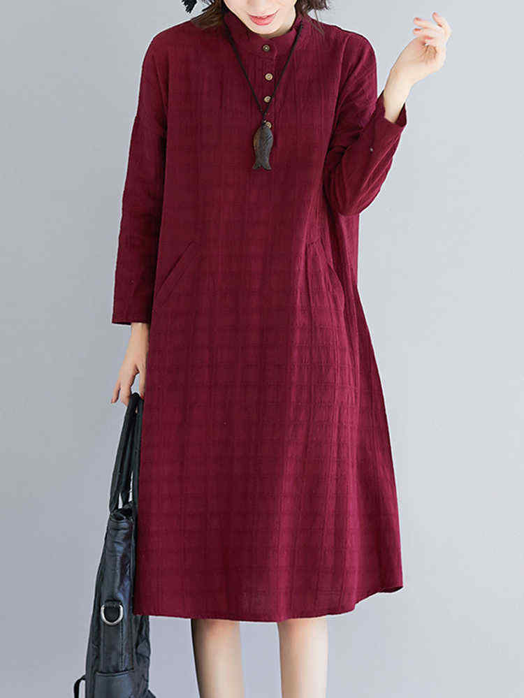 Women-Casual-Crew-Neck-Long-Sleeve-Pockets-Plaid-Dress-1388327