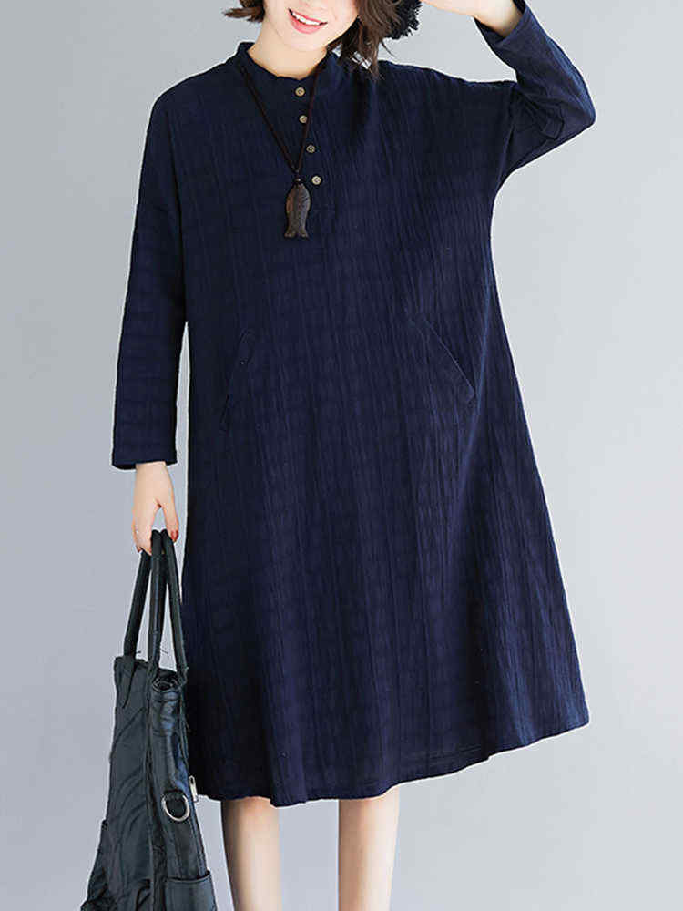 Women-Casual-Crew-Neck-Long-Sleeve-Pockets-Plaid-Dress-1388327