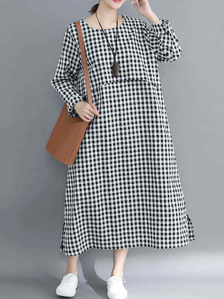 Women-Casual-Loose-Plaid-Round-Neck-Long-Sleeve-Dress-1357168