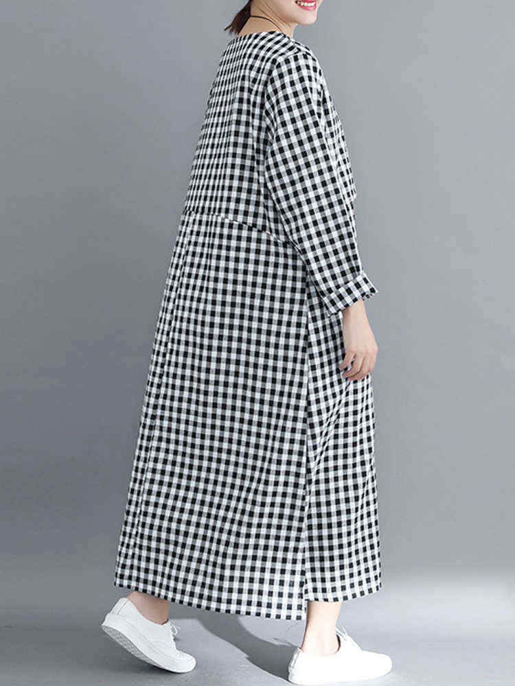 Women-Casual-Loose-Plaid-Round-Neck-Long-Sleeve-Dress-1357168