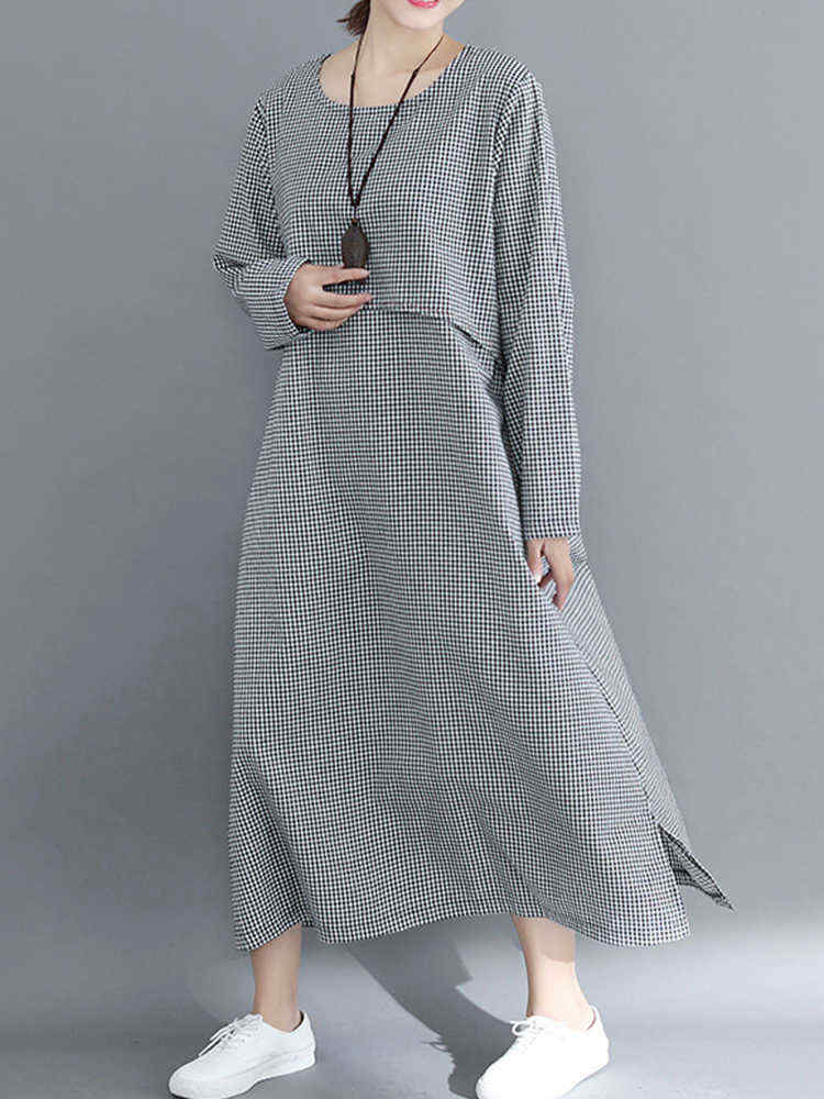 Women-Casual-Loose-Plaid-Round-Neck-Long-Sleeve-Dress-1357168