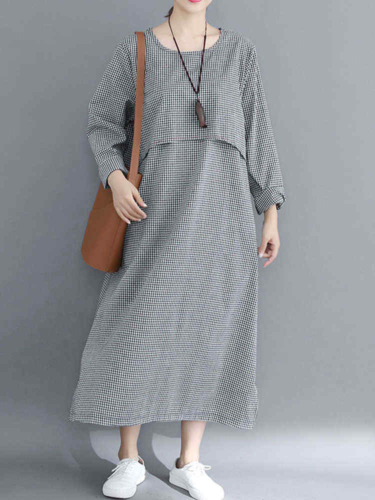 Women-Casual-Loose-Plaid-Round-Neck-Long-Sleeve-Dress-1357168