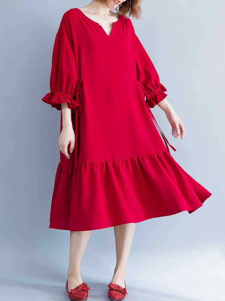 Women-Casual-Loose-V-neck-Bishop-Sleeve-Pleated-Red-Dress-1356453