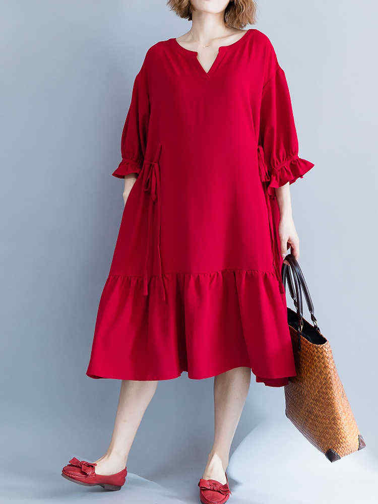 Women-Casual-Loose-V-neck-Bishop-Sleeve-Pleated-Red-Dress-1356453