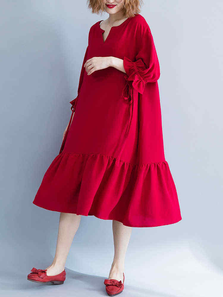 Women-Casual-Loose-V-neck-Bishop-Sleeve-Pleated-Red-Dress-1356453