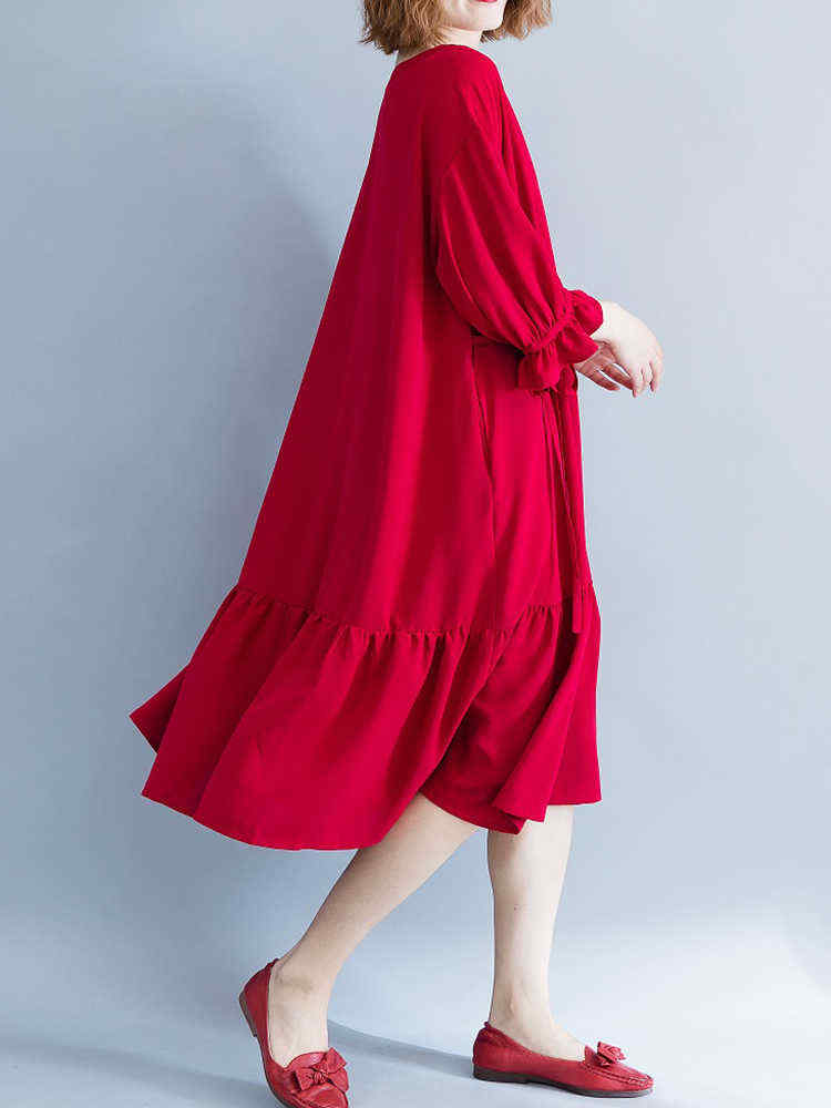 Women-Casual-Loose-V-neck-Bishop-Sleeve-Pleated-Red-Dress-1356453