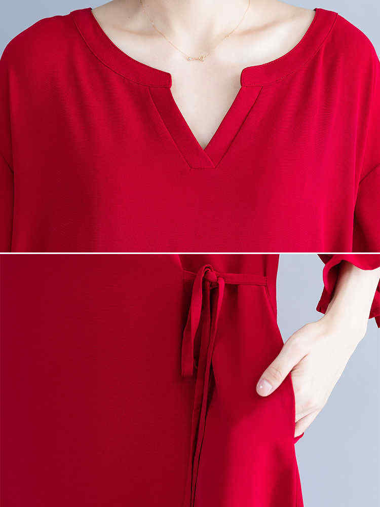 Women-Casual-Loose-V-neck-Bishop-Sleeve-Pleated-Red-Dress-1356453