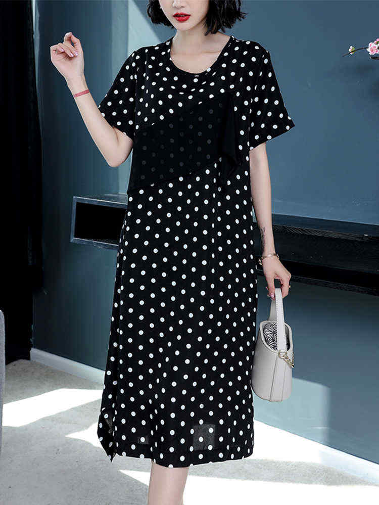 Women-Casual-Polka-Dot-Short-Sleeves-O-neck-Dress-1287709