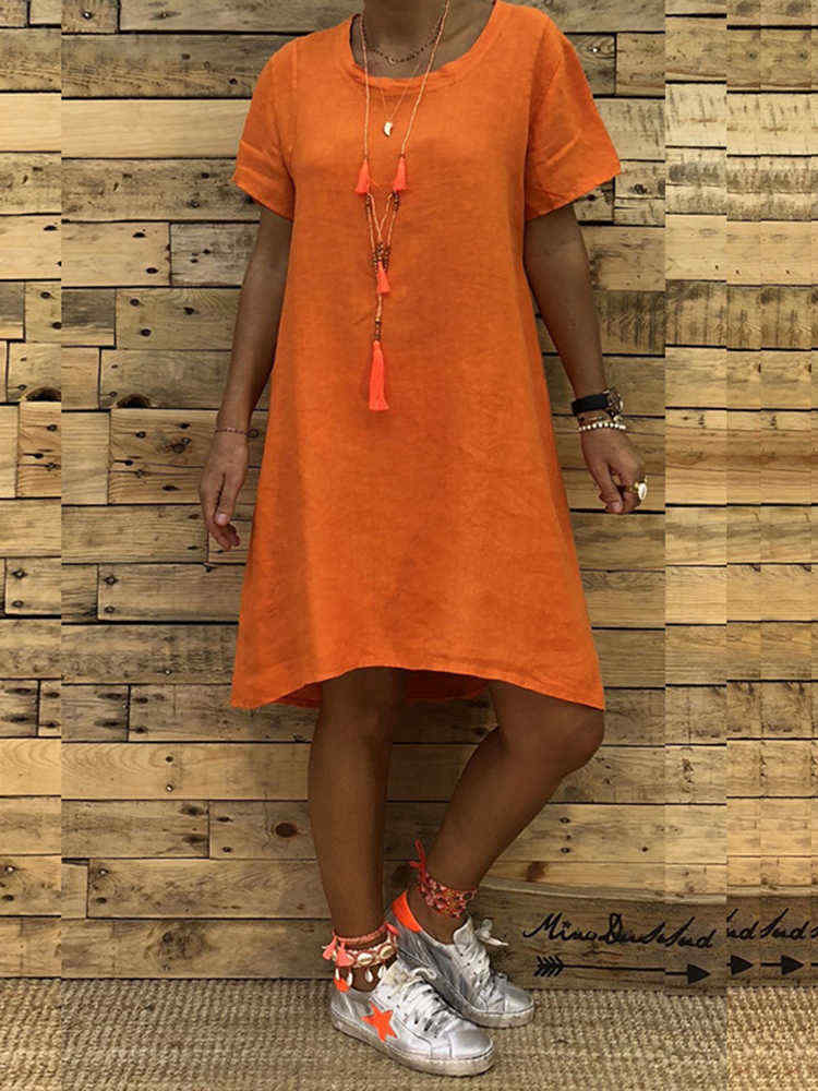 Women-Casual-Solid-Color-Short-Sleeve-Loose-Dress-1440945