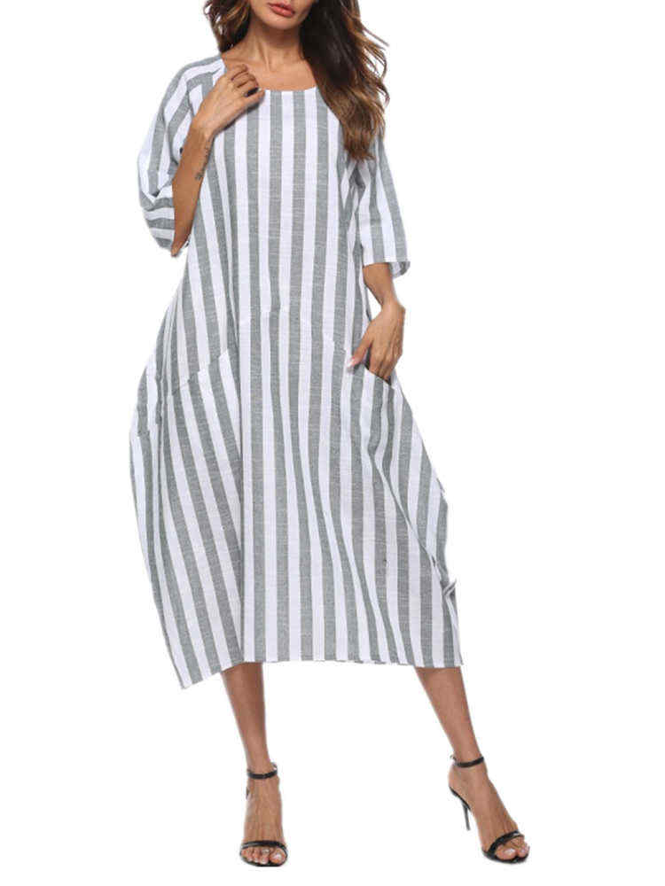 Women-Casual-Stripe-Half-Sleeve-Baggy-Dress-with-Pockets-1442790