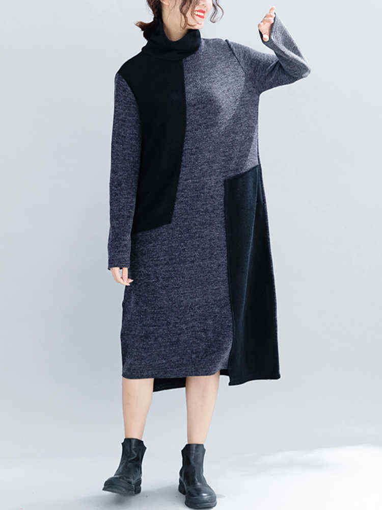 Women-Casual-Two-tone-Patchwork-Turtle-Neck-Knit-Winter-Dress-1388484