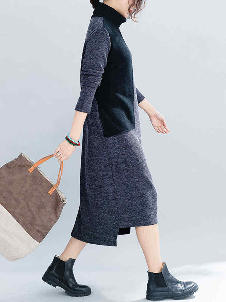 Women-Casual-Two-tone-Patchwork-Turtle-Neck-Knit-Winter-Dress-1388484