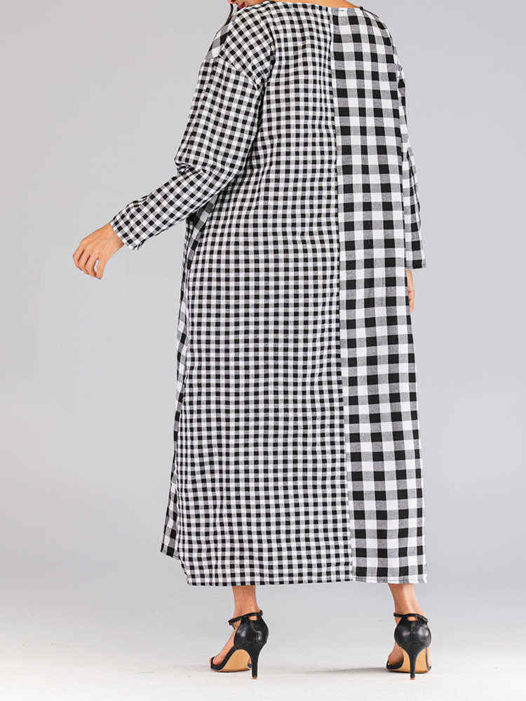 Women-Casual-V-neck-Long-Sleeve-Plaid-Patchwork-Pockets-Dress-1442912