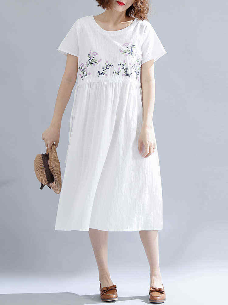 Women-Cotton-Embroidered-O-neck-Short-Sleeves-Dress-1287178