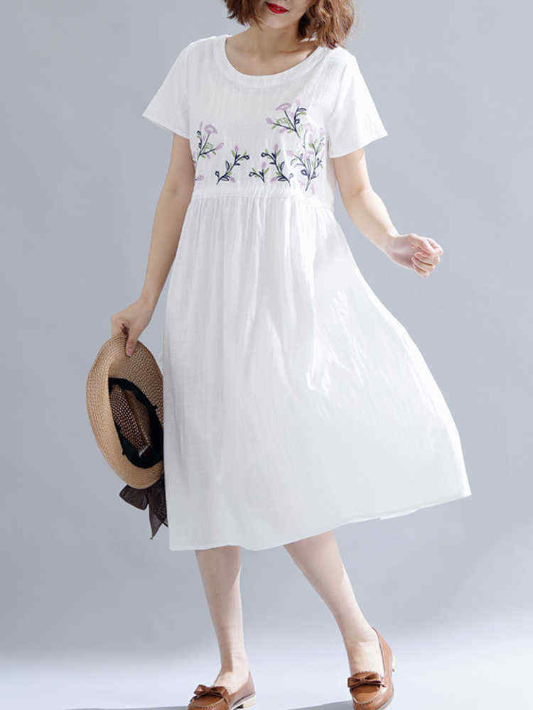 Women-Cotton-Embroidered-O-neck-Short-Sleeves-Dress-1287178