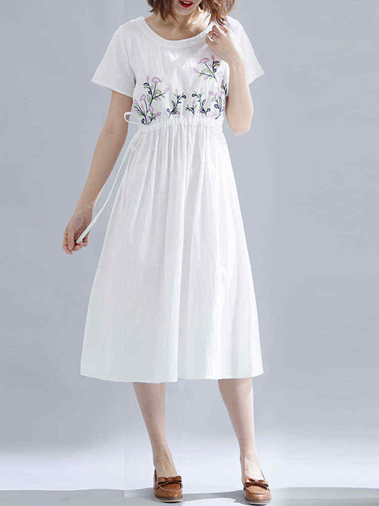 Women-Cotton-Embroidered-O-neck-Short-Sleeves-Dress-1287178