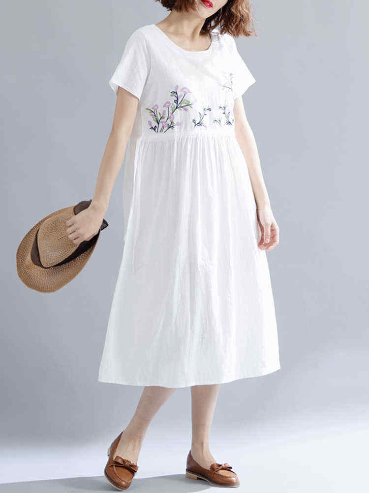 Women-Cotton-Embroidered-O-neck-Short-Sleeves-Dress-1287178