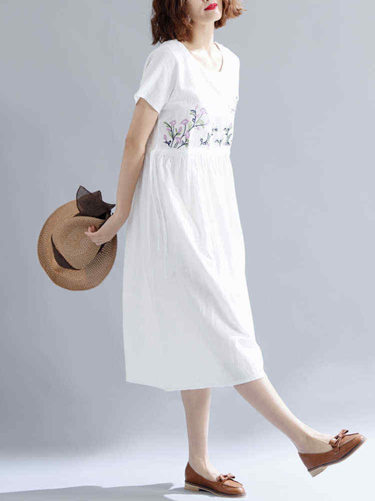 Women-Cotton-Embroidered-O-neck-Short-Sleeves-Dress-1287178