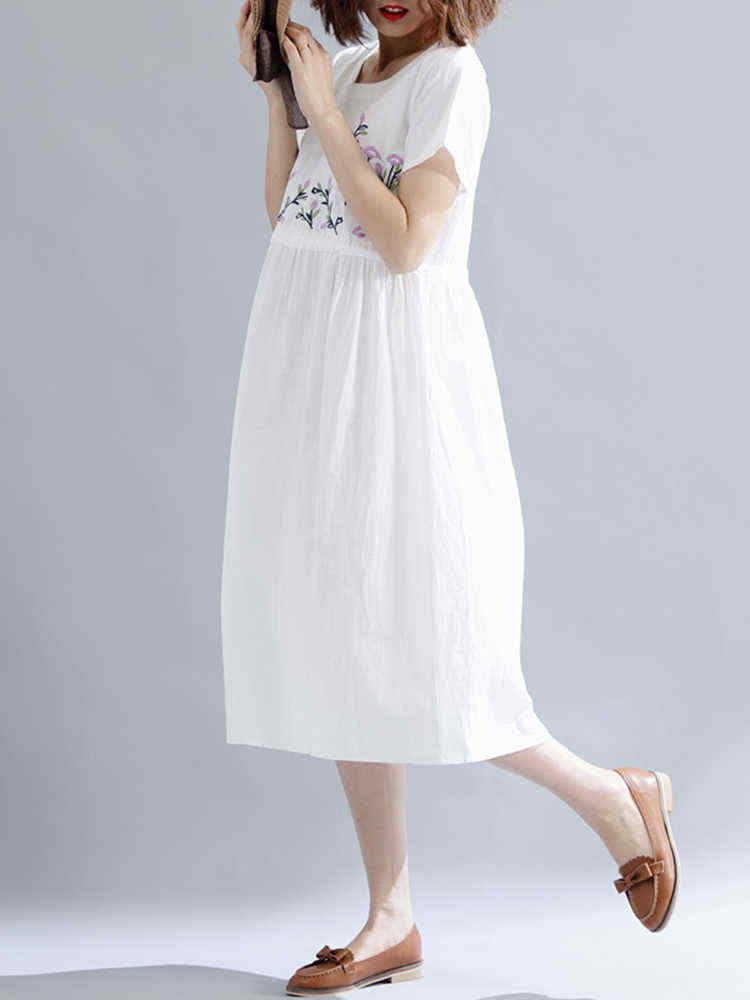 Women-Cotton-Embroidered-O-neck-Short-Sleeves-Dress-1287178