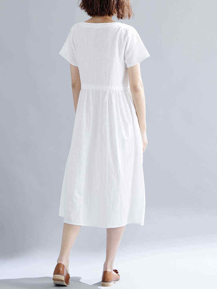 Women-Cotton-Embroidered-O-neck-Short-Sleeves-Dress-1287178