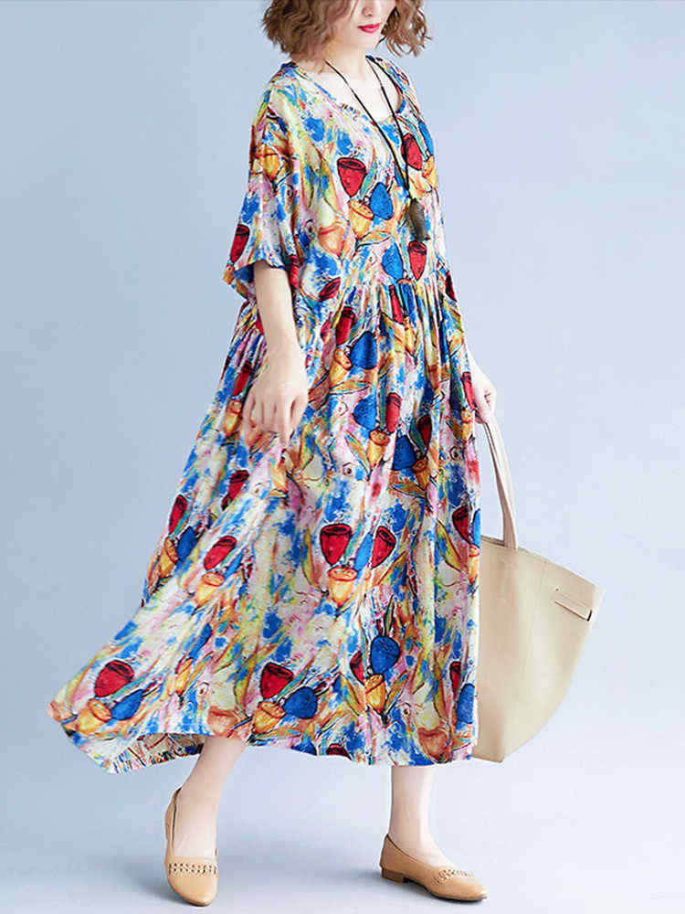 Women-Cotton-Printed-O-neck-Casual-Maxi-Dress-1311146