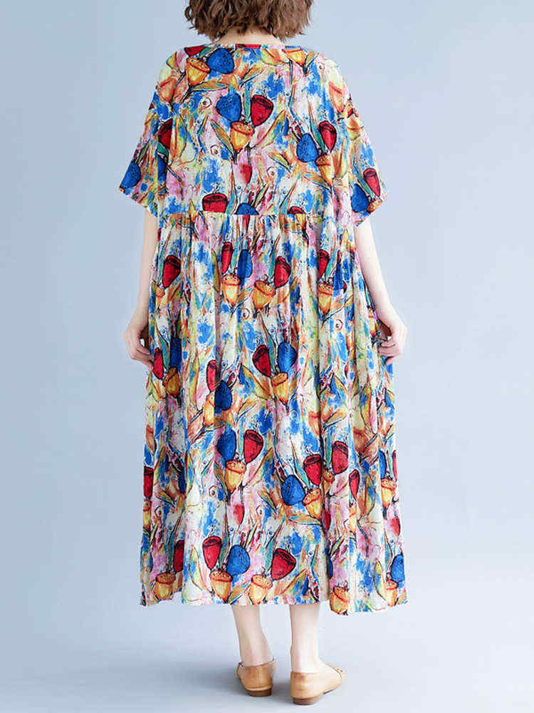 Women-Cotton-Printed-O-neck-Casual-Maxi-Dress-1311146