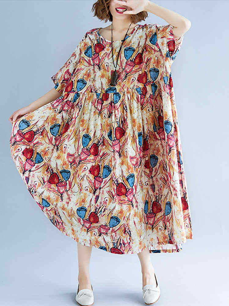 Women-Cotton-Printed-O-neck-Casual-Maxi-Dress-1311146