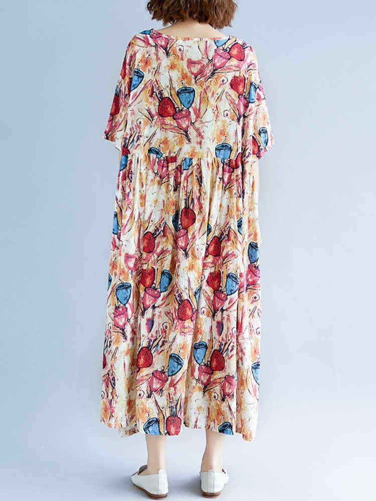 Women-Cotton-Printed-O-neck-Casual-Maxi-Dress-1311146