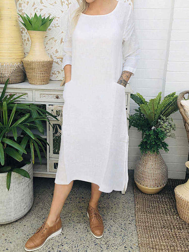 Women-Cotton-Solid-Color-34-Sleeve-Casual-Dress-with-Pockets-1463272