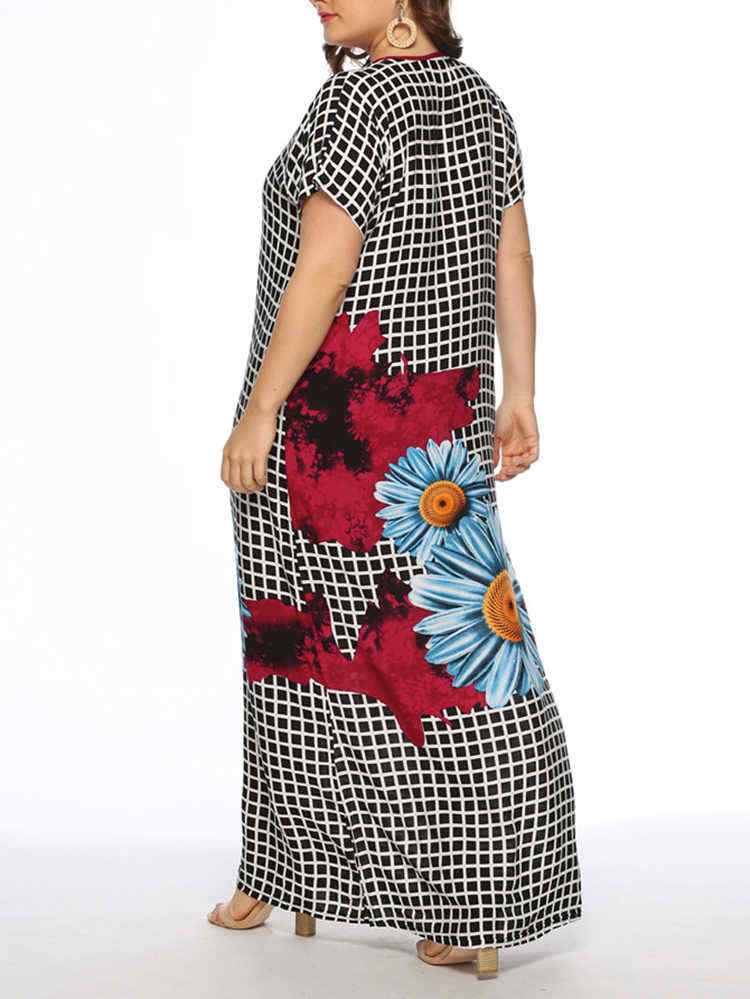 Women-Floral-Print-Plaid-O-neck-Short-Sleeve-Maxi-Dress-1433932