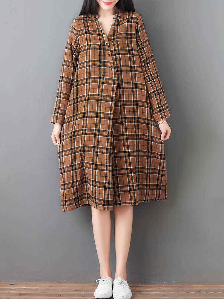 Women-Loose-V-neck-Long-Sleeve-Button-Plaid-Shirt-Dress-1431564