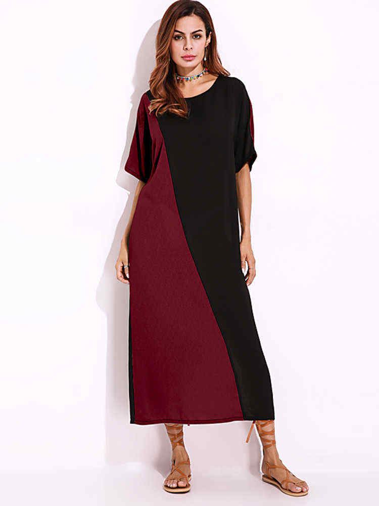 Women-O-Neck-Short-Sleeves-Patchwork-Long-Maxi-Dress-1285987