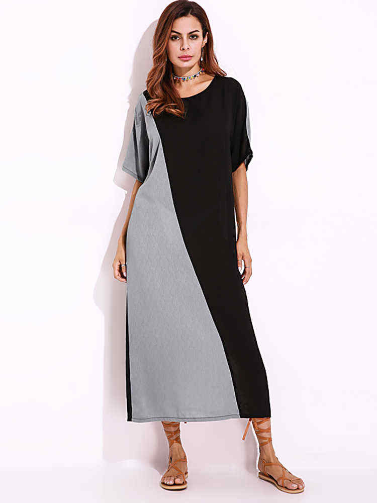 Women-O-Neck-Short-Sleeves-Patchwork-Long-Maxi-Dress-1285987