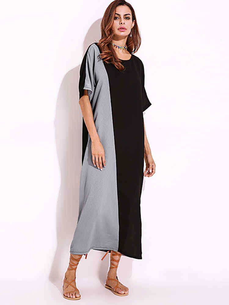 Women-O-Neck-Short-Sleeves-Patchwork-Long-Maxi-Dress-1285987