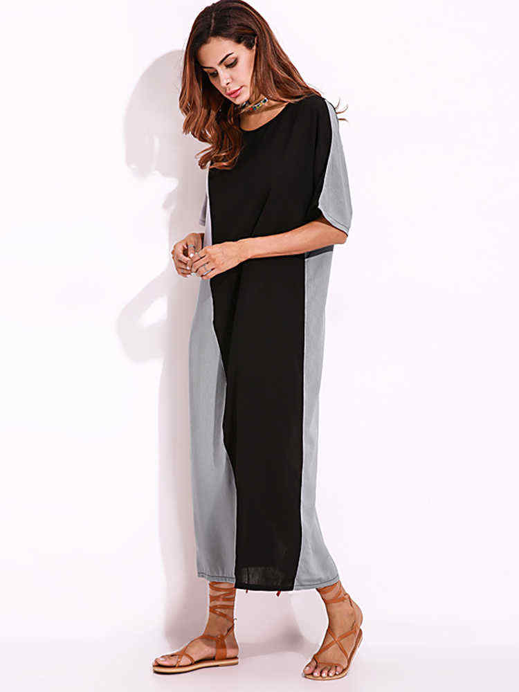 Women-O-Neck-Short-Sleeves-Patchwork-Long-Maxi-Dress-1285987