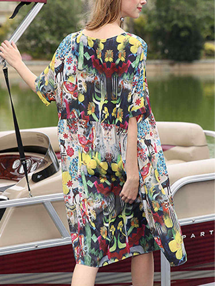 Women-O-neck-Short-Sleeve-Floral-Print-Loose-Dress-1419562