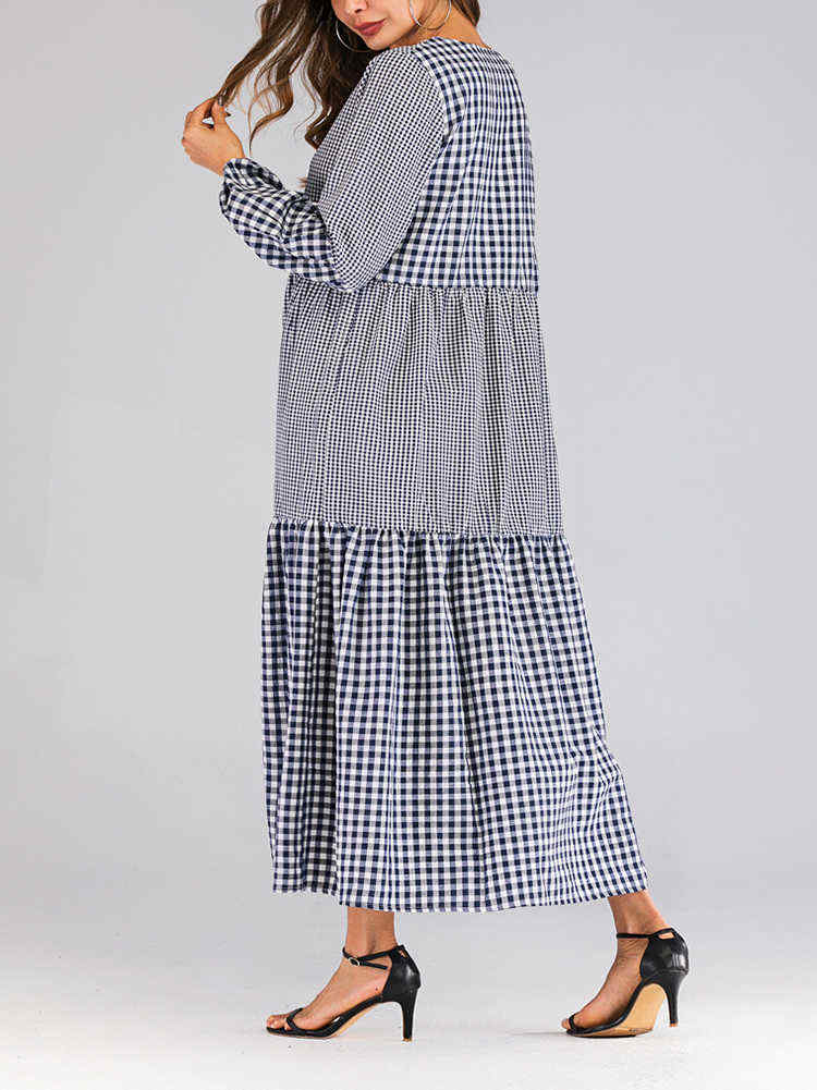 Women-Plaid-Patchwork-V-neck-Puff-Sleeve-Kaftan-Dress-1442835