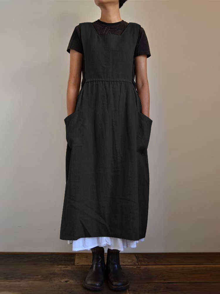 Women-Retro-Sleeveless-Solid-Color-Cotton-Dress-with-Pockets-1474955