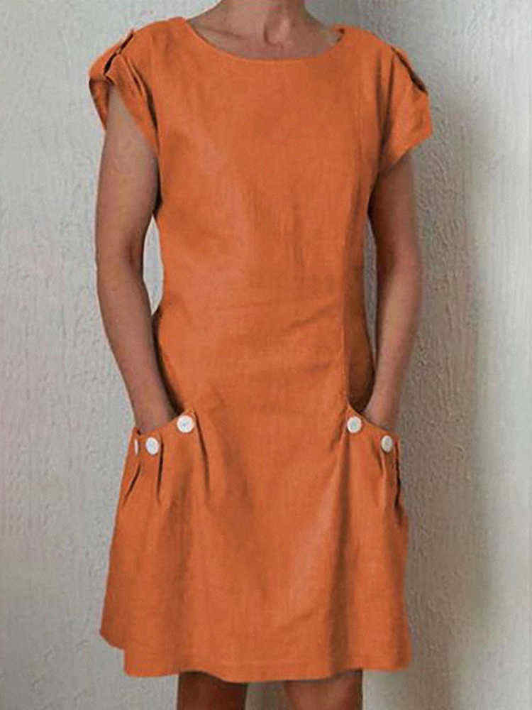 Women-Solid-Color-Short-Sleeve-Pockets-Buttoned-decor-Linen-Dress-1450297